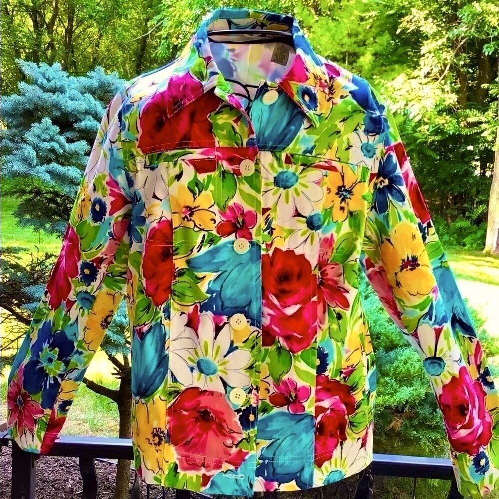 LAURA ASHLEY ABSTRACT ART BRIGHT FLORAL JACKET S NWT - Picture 2 of 11